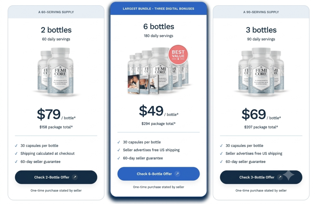 FemiCore Pricing Options - 2, 3, and 6 Bottle Discount Bundles